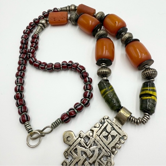 Vintage Ethiopian Coptic Hinged Cross Necklace Amber Bakelite Carnelian Beads - Picture 6 of 9